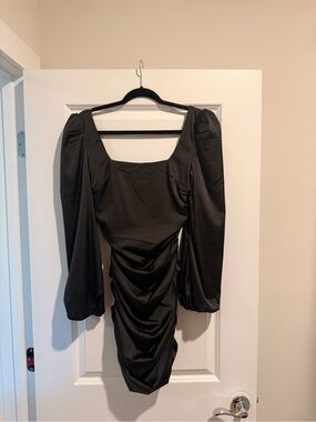 Oh Polly Black Puff-Sleeve Ruched Satin Mini Dress